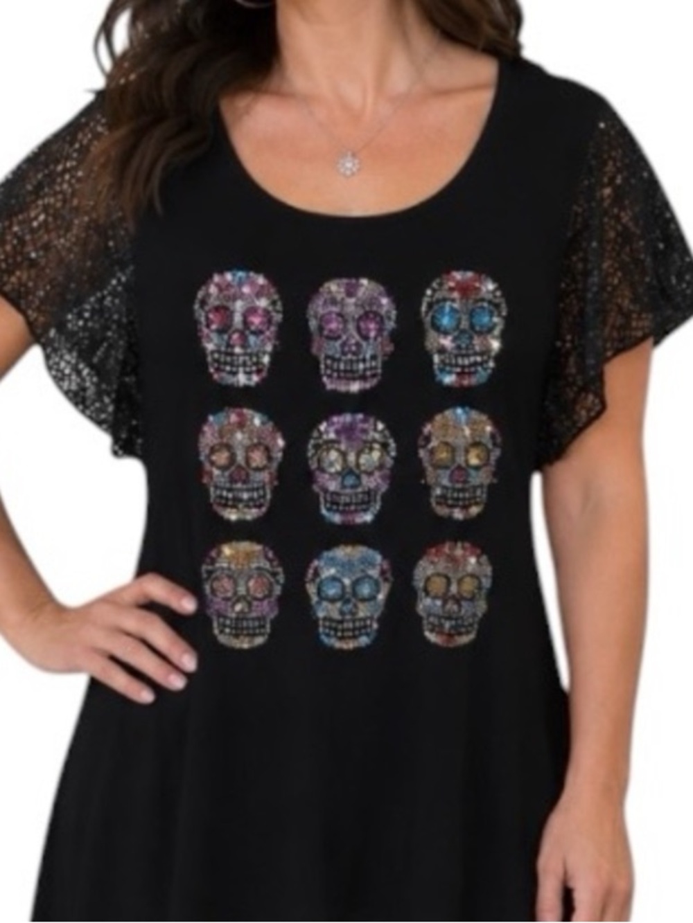Song n Spirit Black Tunic Top  Rhinestone Sugar Skulls Lace Short Sleeves XXL